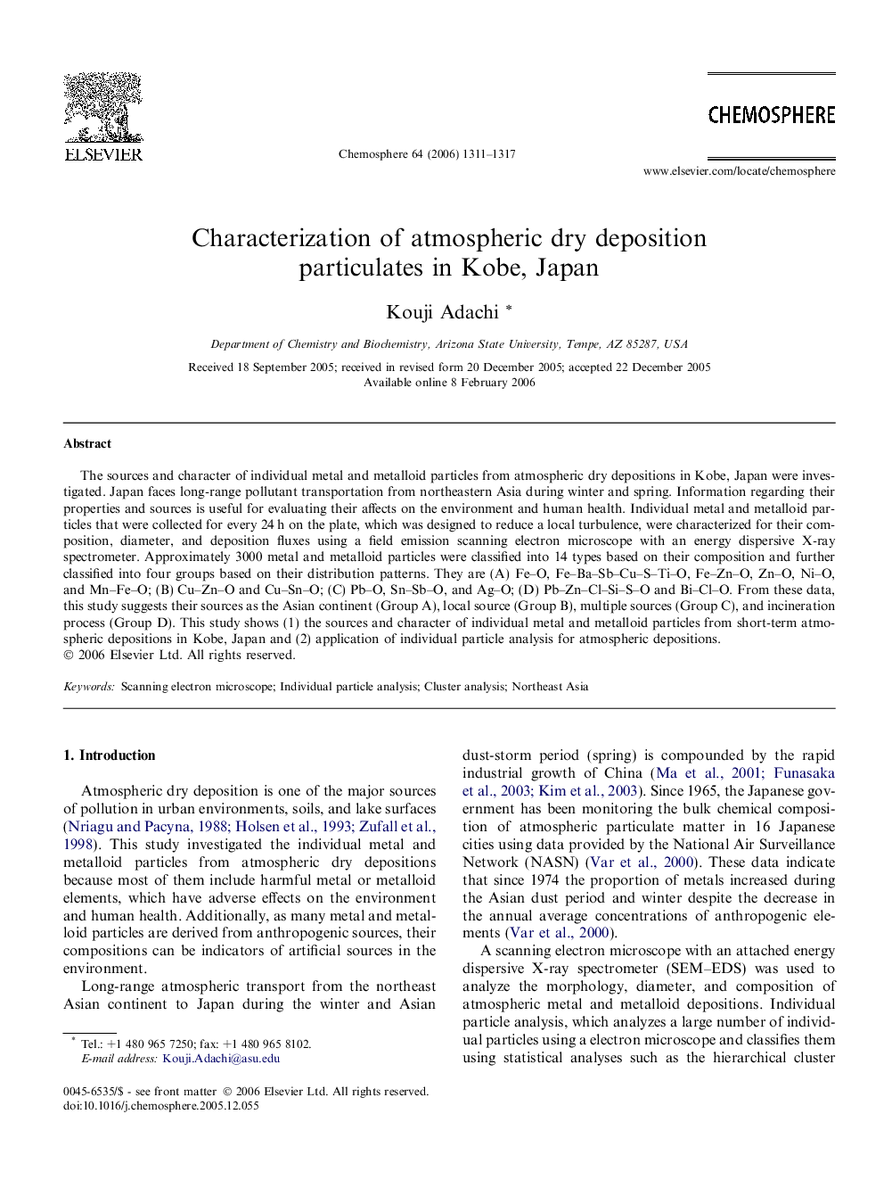 Characterization of atmospheric dry deposition particulates in Kobe, Japan