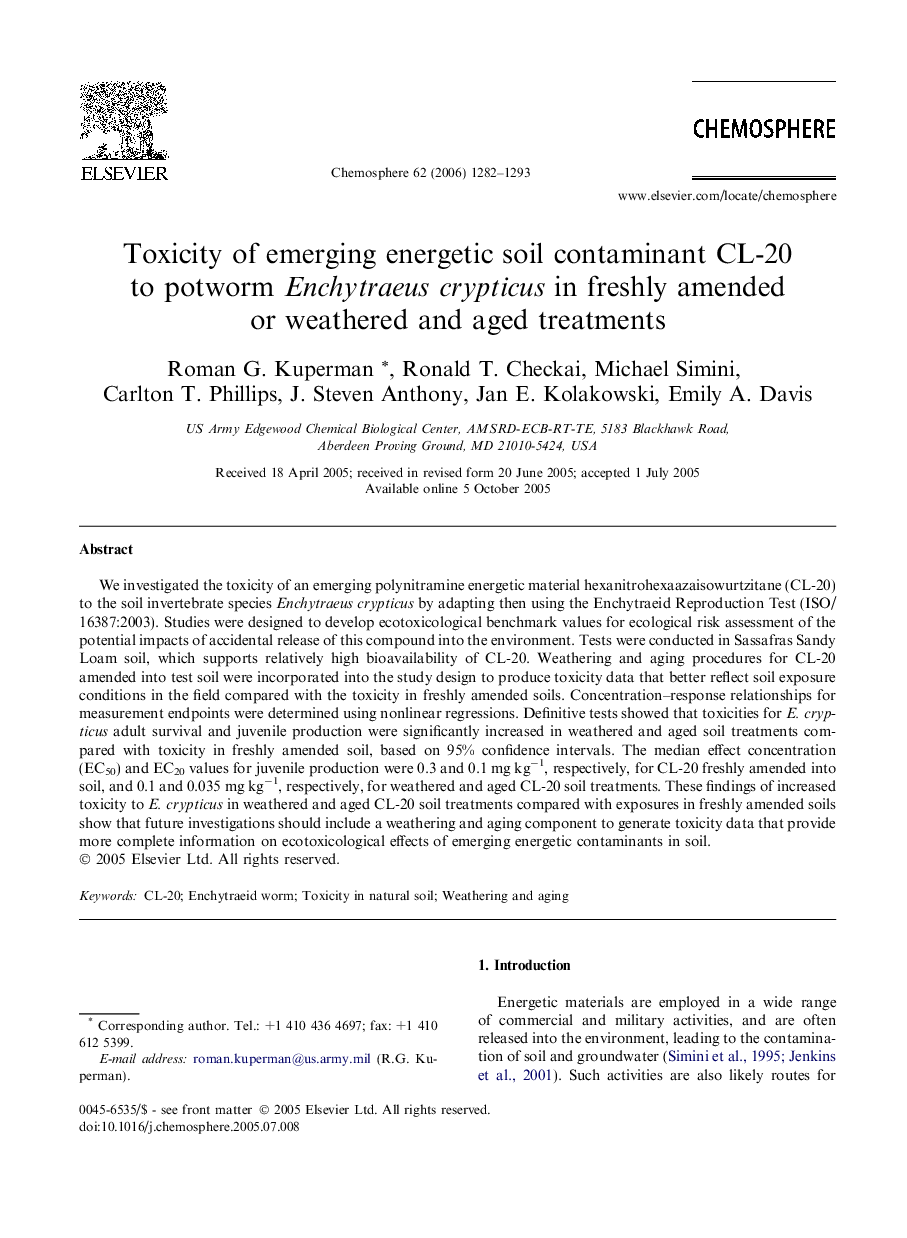 Toxicity of emerging energetic soil contaminant CL-20 to potworm Enchytraeus crypticus in freshly amended or weathered and aged treatments