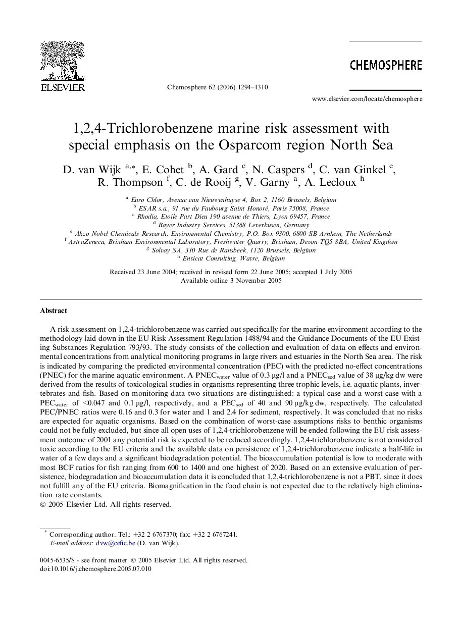 1,2,4-Trichlorobenzene marine risk assessment with special emphasis on the Osparcom region North Sea