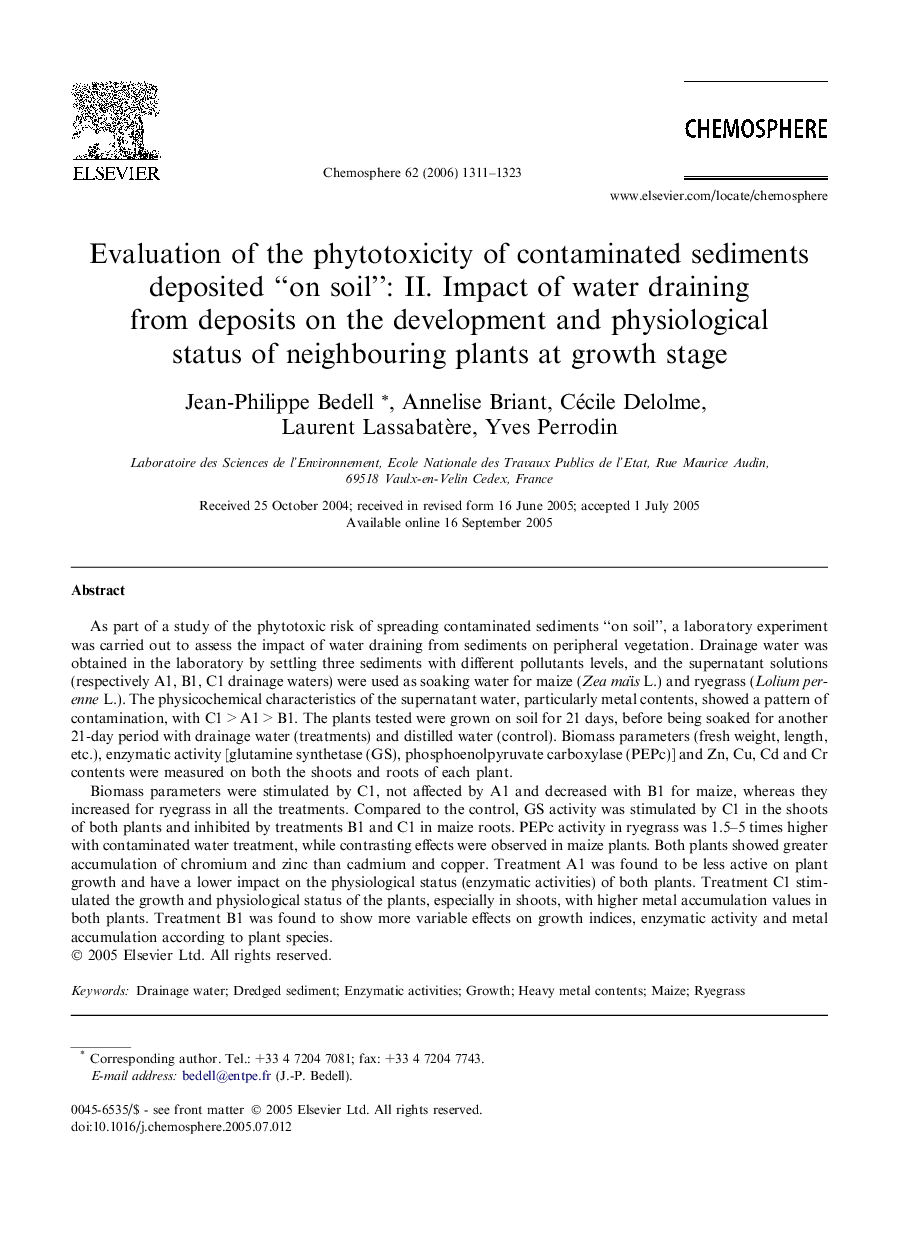 Evaluation of the phytotoxicity of contaminated sediments deposited “on soil”: II. Impact of water draining from deposits on the development and physiological status of neighbouring plants at growth stage