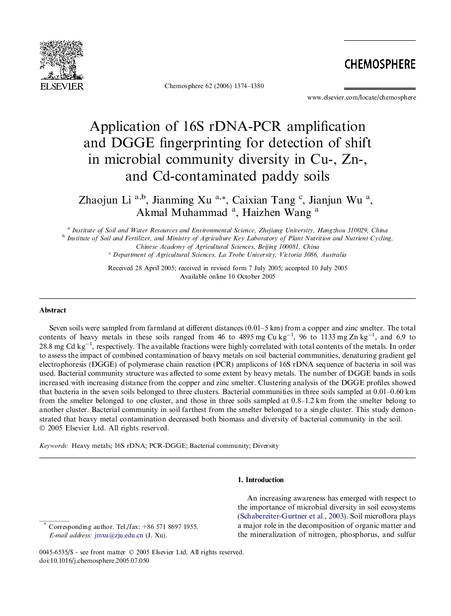 Application of 16S rDNA-PCR amplification and DGGE fingerprinting for detection of shift in microbial community diversity in Cu-, Zn-, and Cd-contaminated paddy soils