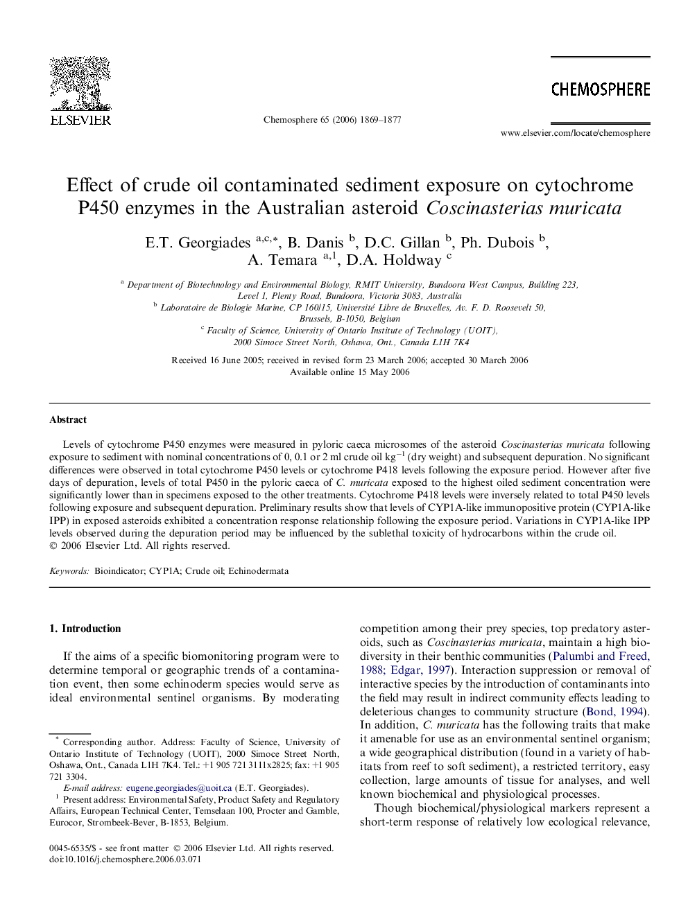 Effect of crude oil contaminated sediment exposure on cytochrome P450 enzymes in the Australian asteroid Coscinasterias muricata