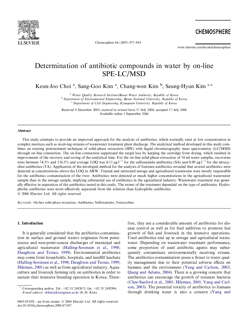 Determination of antibiotic compounds in water by on-line SPE-LC/MSD