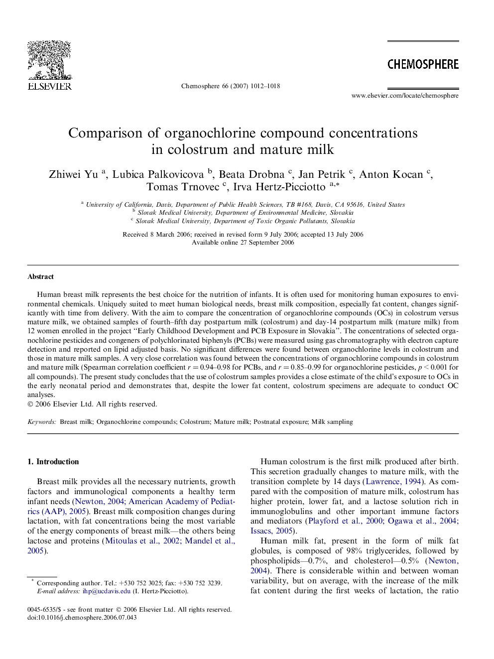 Comparison of organochlorine compound concentrations in colostrum and mature milk