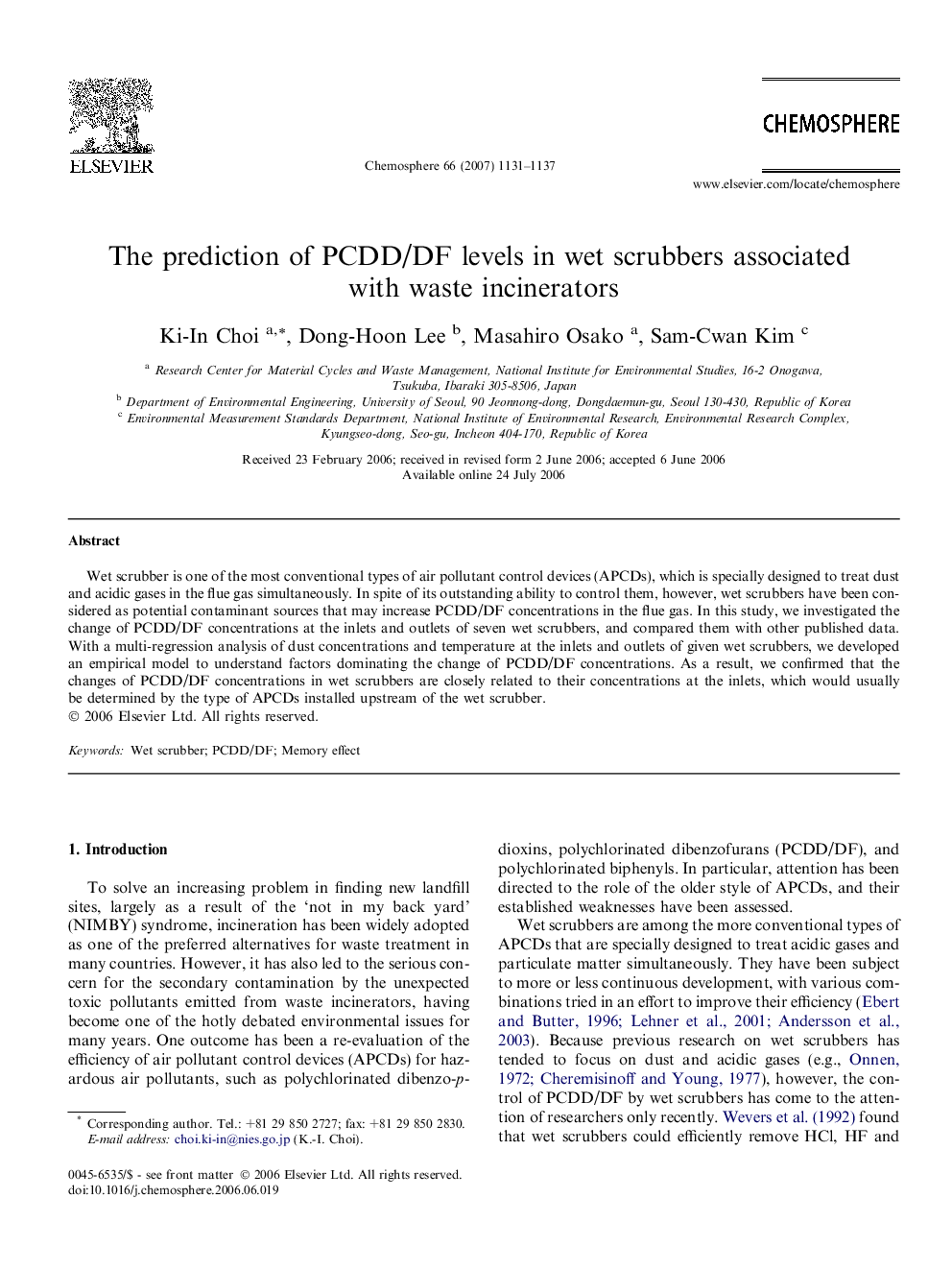 The prediction of PCDD/DF levels in wet scrubbers associated with waste incinerators