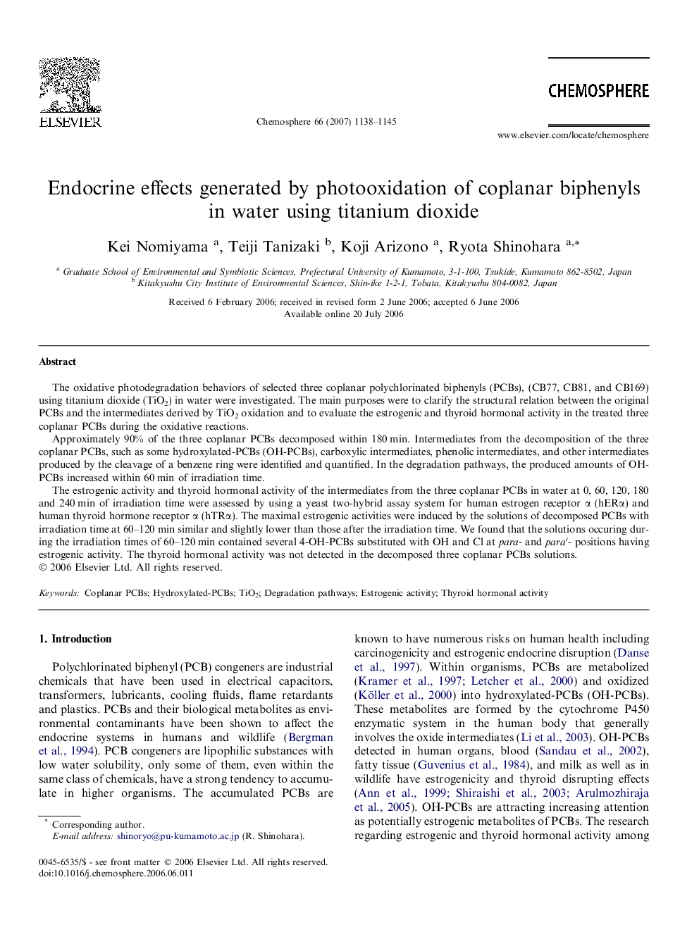 Endocrine effects generated by photooxidation of coplanar biphenyls in water using titanium dioxide