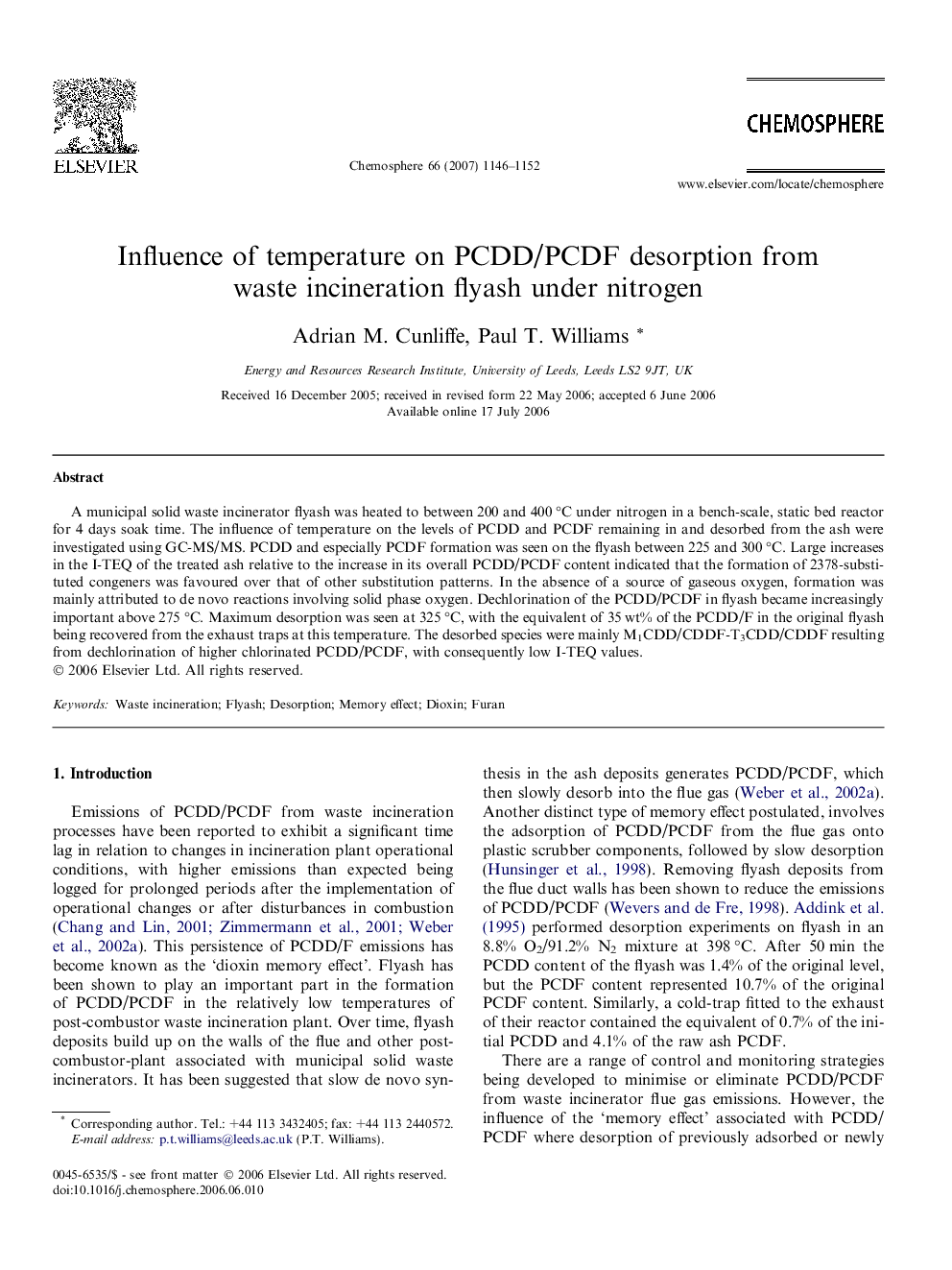 Influence of temperature on PCDD/PCDF desorption from waste incineration flyash under nitrogen