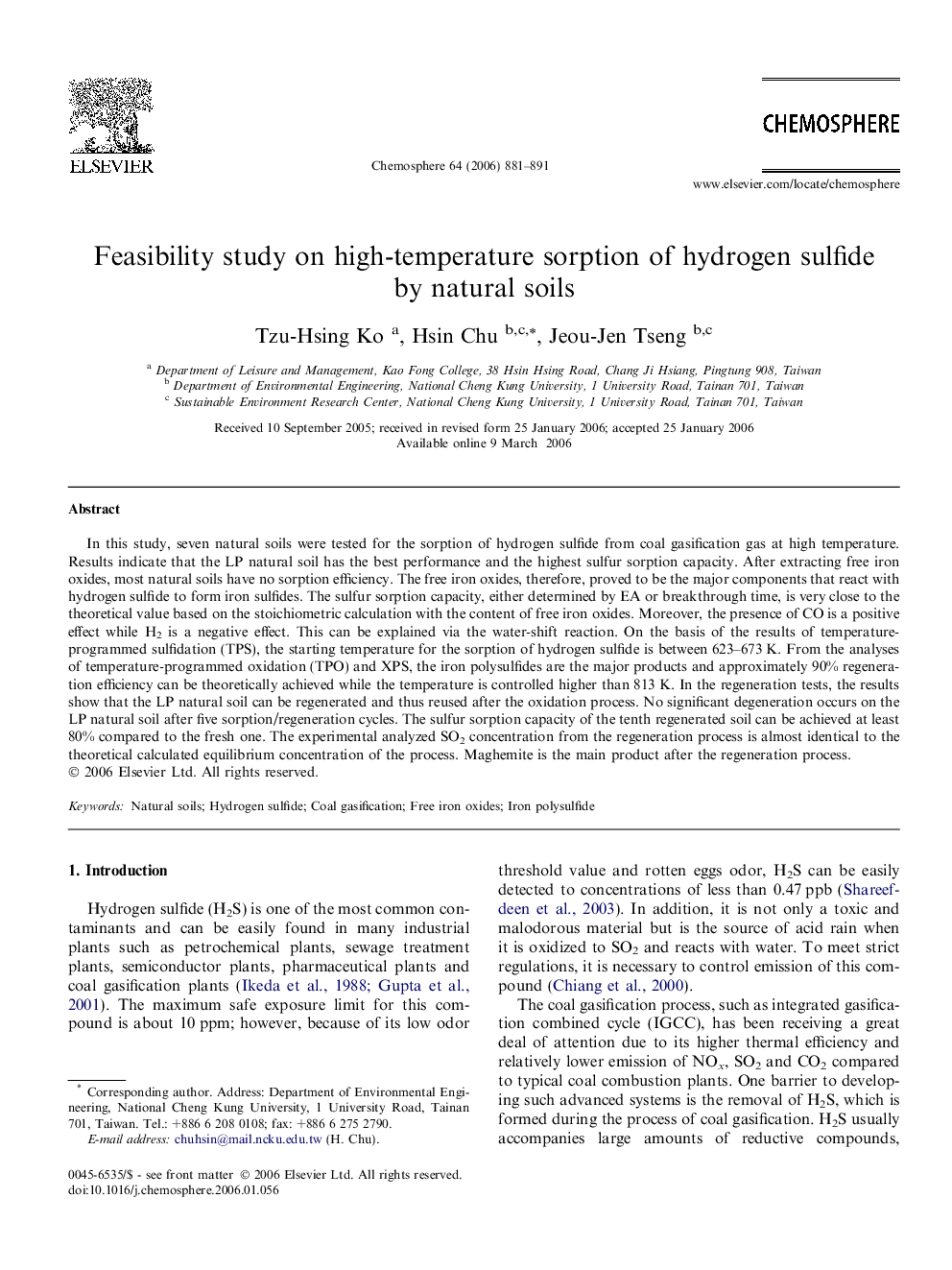 Feasibility study on high-temperature sorption of hydrogen sulfide by natural soils