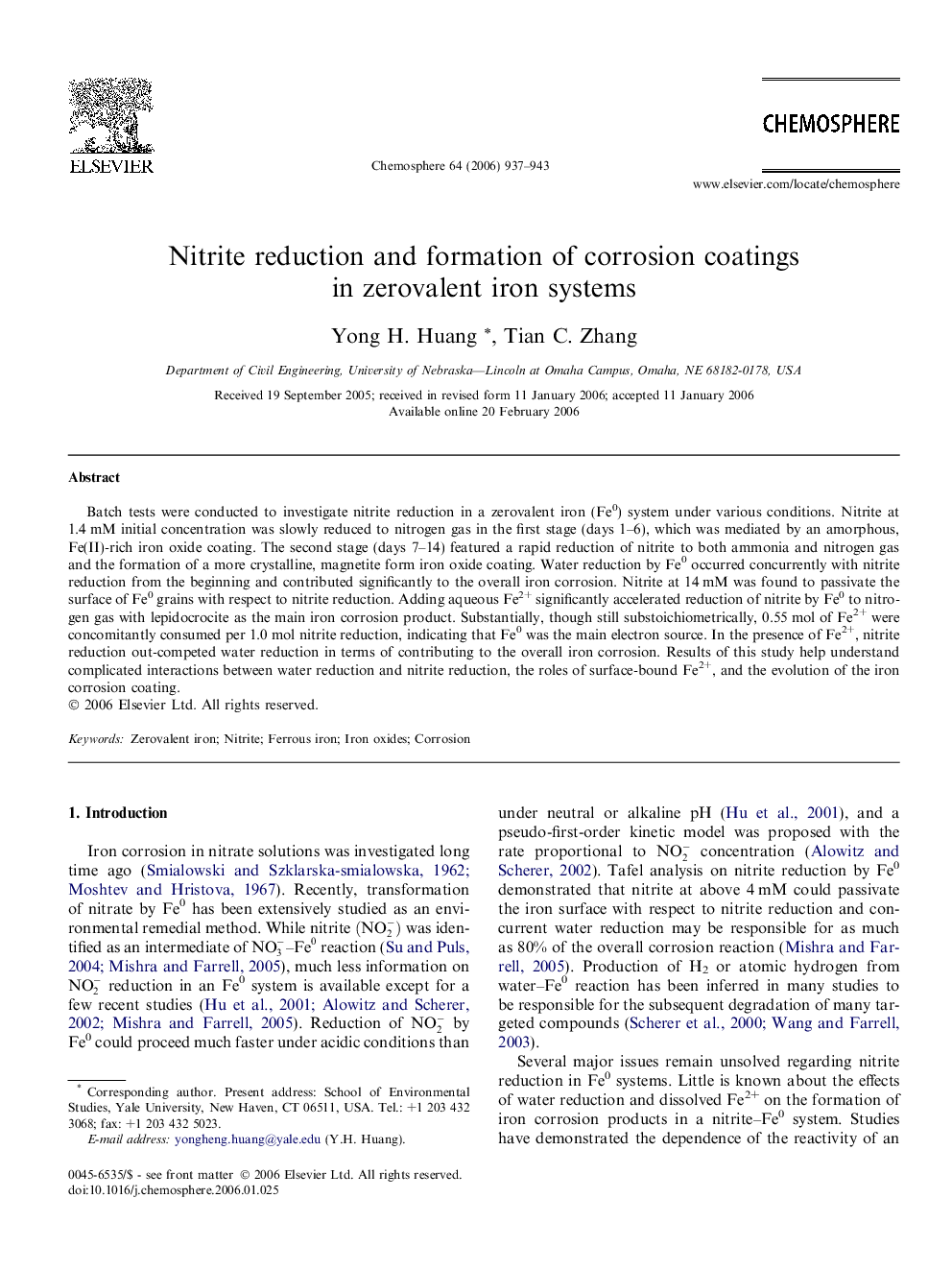 Nitrite reduction and formation of corrosion coatings in zerovalent iron systems