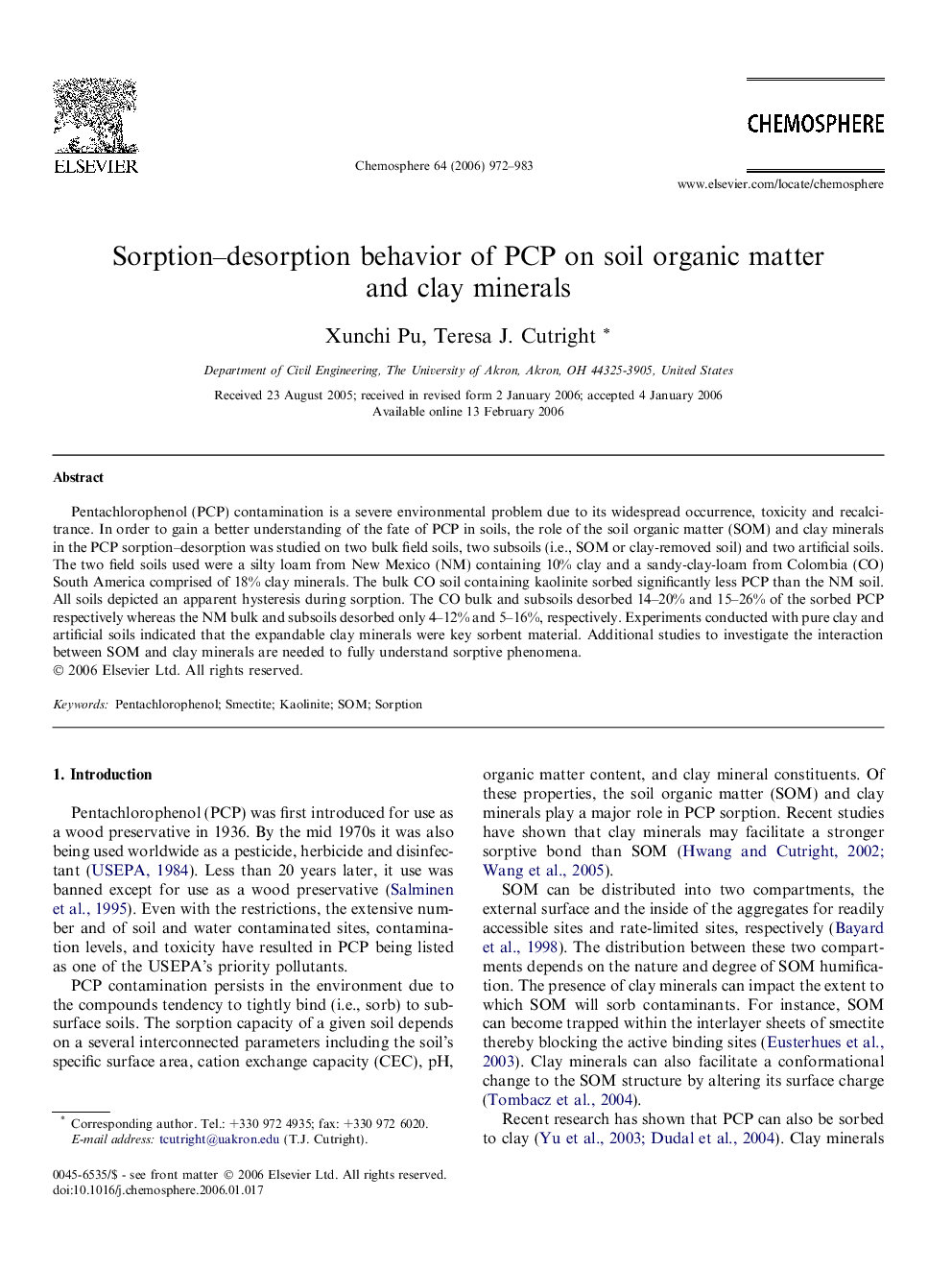 Sorption–desorption behavior of PCP on soil organic matter and clay minerals