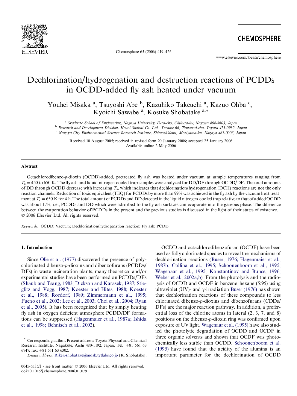 Dechlorination/hydrogenation and destruction reactions of PCDDs in OCDD-added fly ash heated under vacuum