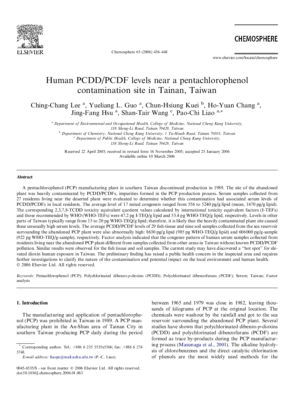 Human PCDD/PCDF levels near a pentachlorophenol contamination site in Tainan, Taiwan