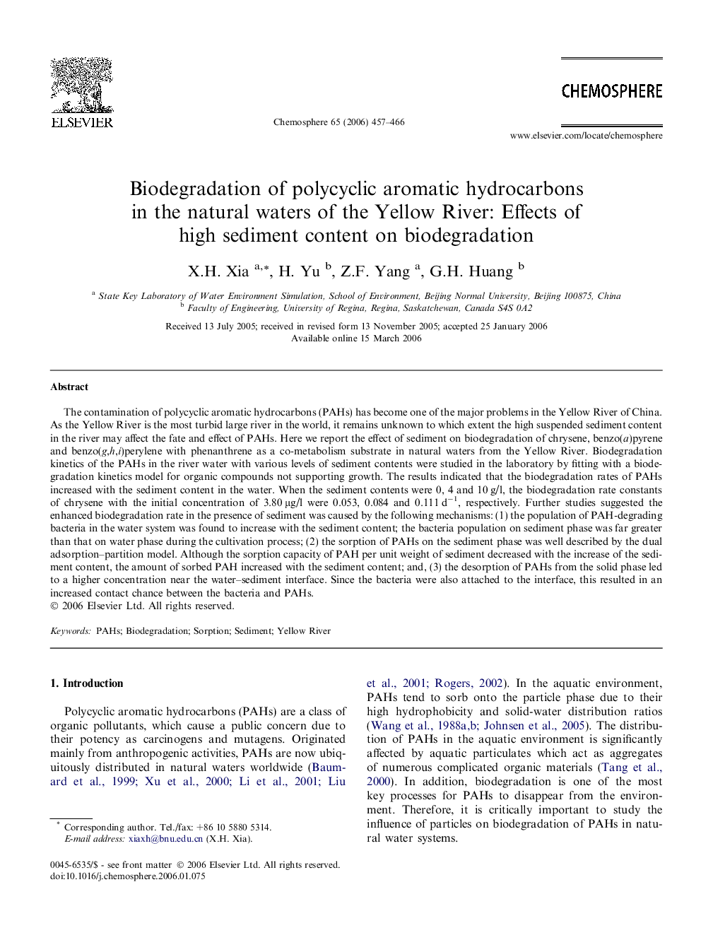 Biodegradation of polycyclic aromatic hydrocarbons in the natural waters of the Yellow River: Effects of high sediment content on biodegradation