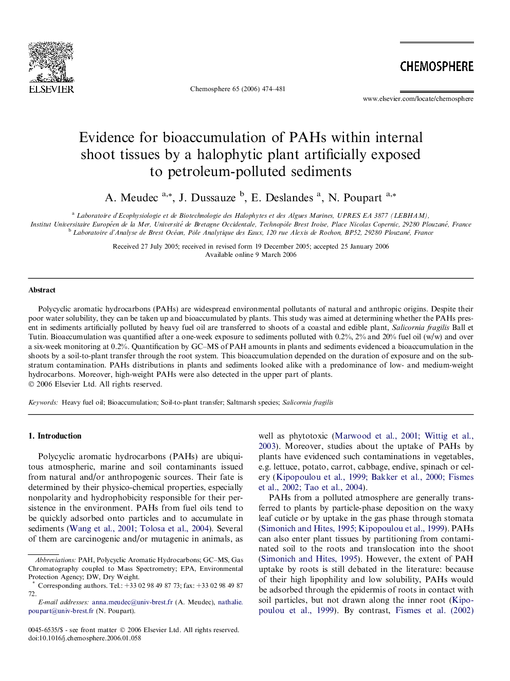 Evidence for bioaccumulation of PAHs within internal shoot tissues by a halophytic plant artificially exposed to petroleum-polluted sediments