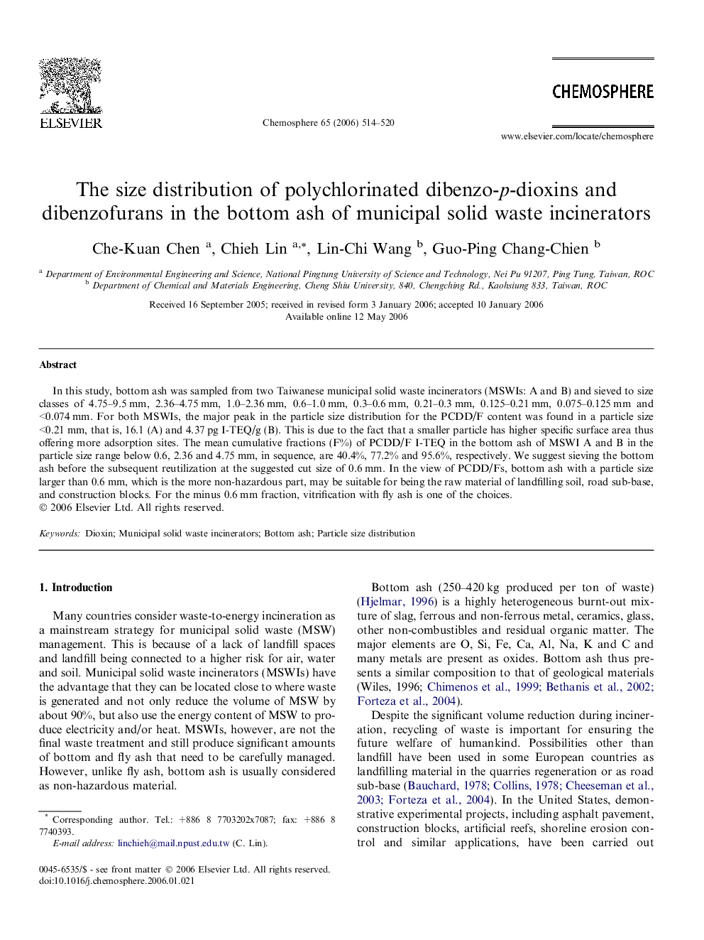 The size distribution of polychlorinated dibenzo-p-dioxins and dibenzofurans in the bottom ash of municipal solid waste incinerators