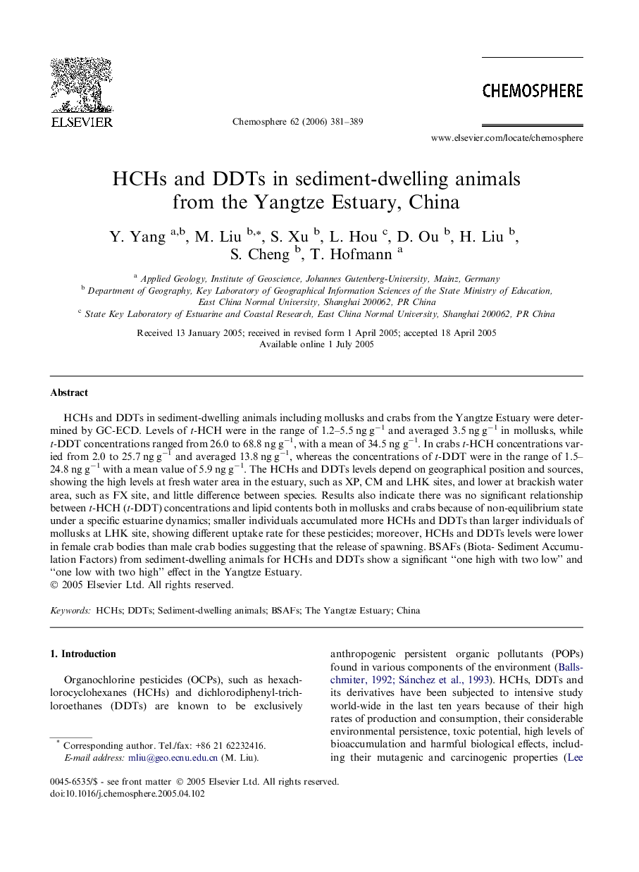 HCHs and DDTs in sediment-dwelling animals from the Yangtze Estuary, China