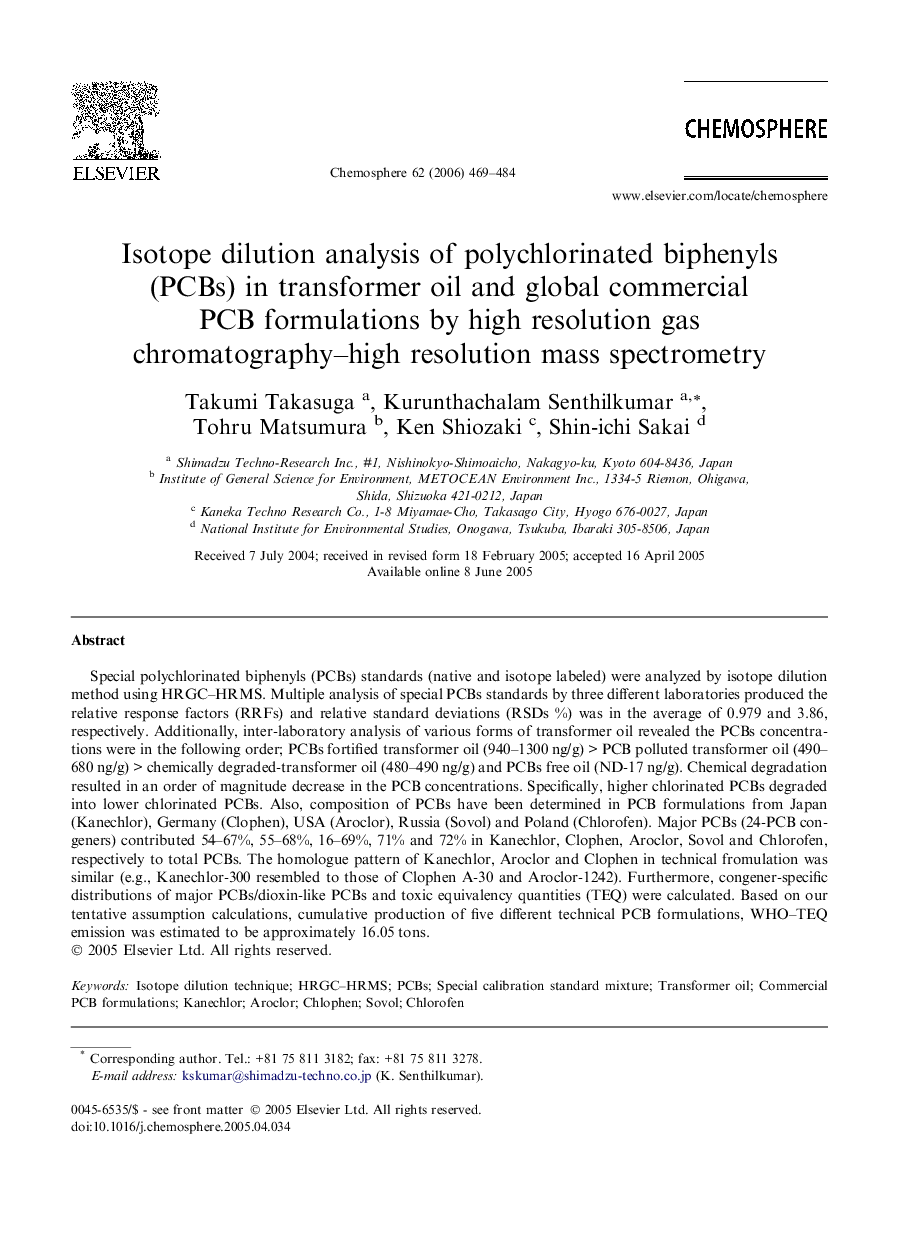 Isotope dilution analysis of polychlorinated biphenyls (PCBs) in transformer oil and global commercial PCB formulations by high resolution gas chromatography–high resolution mass spectrometry