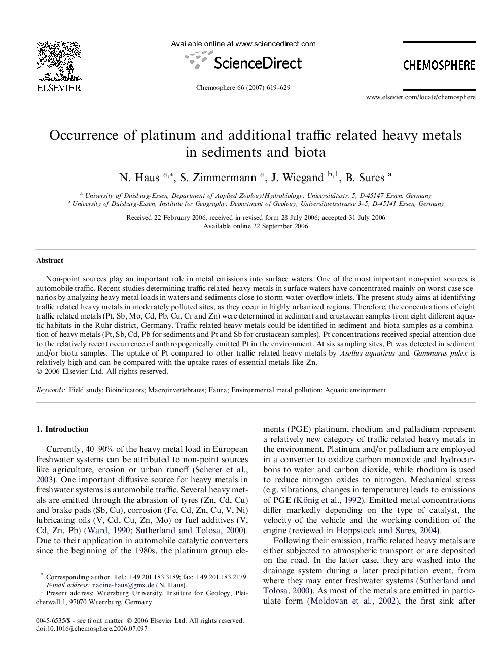 Occurrence of platinum and additional traffic related heavy metals in sediments and biota