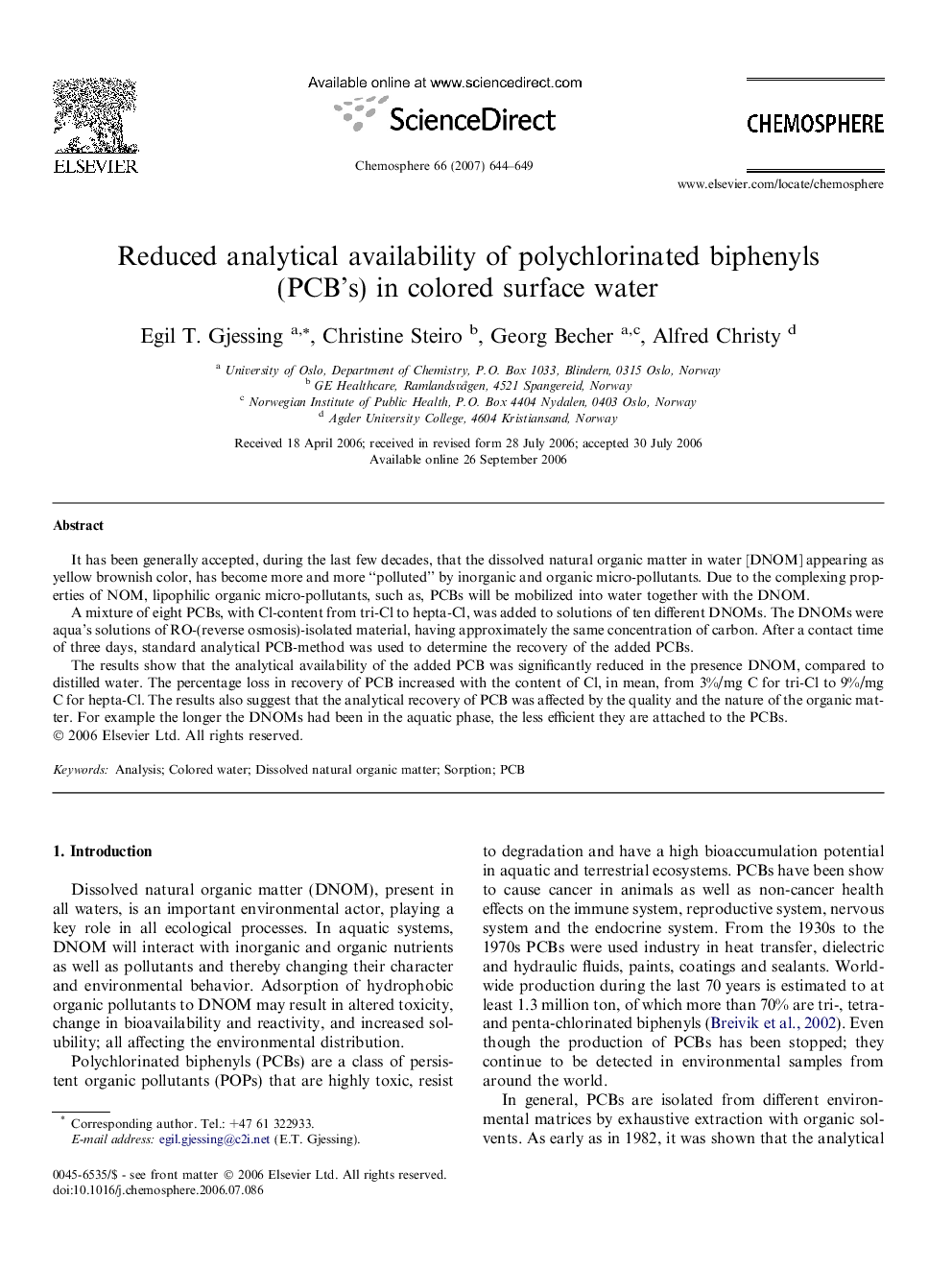 Reduced analytical availability of polychlorinated biphenyls (PCB's) in colored surface water