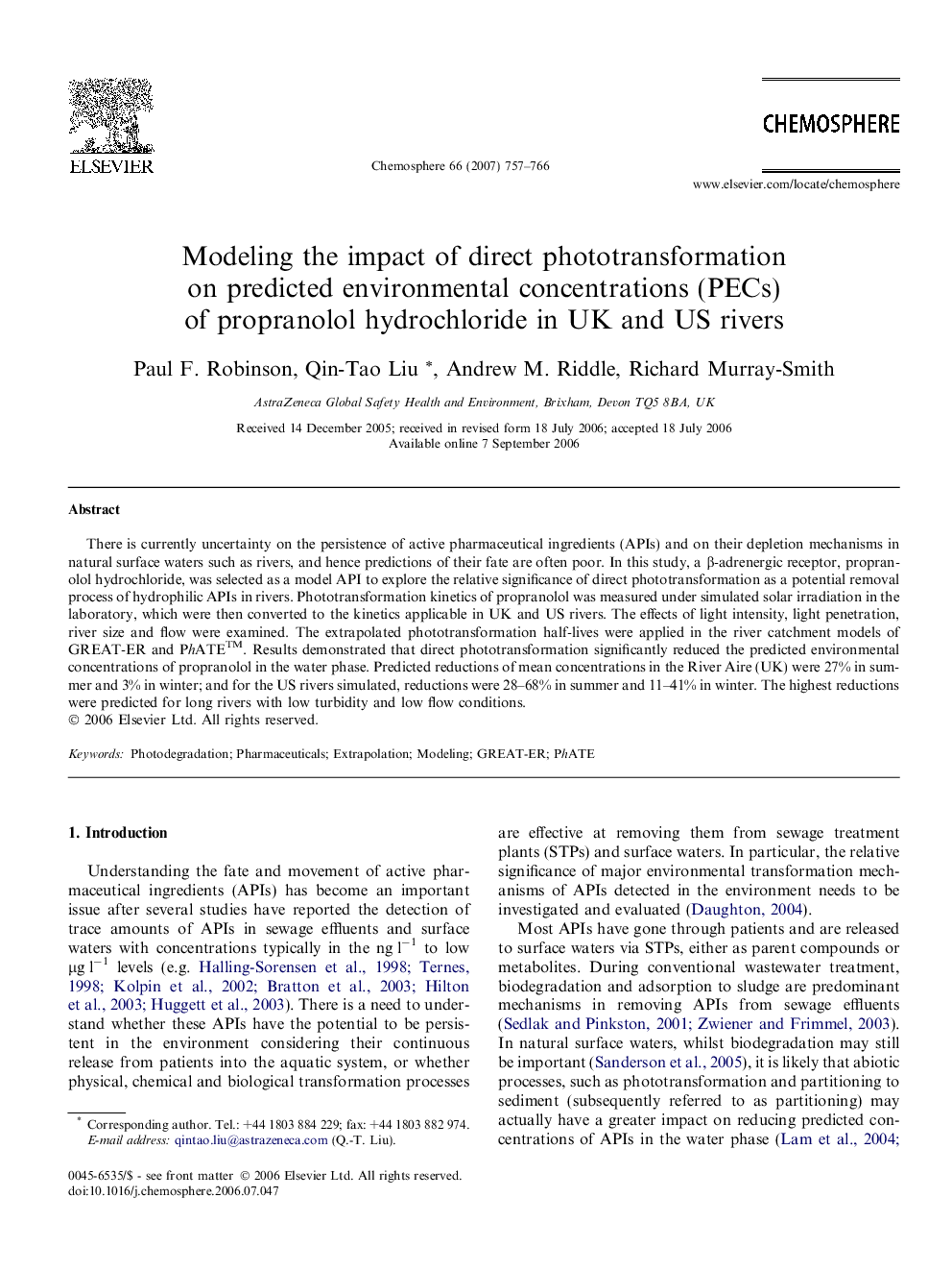 Modeling the impact of direct phototransformation on predicted environmental concentrations (PECs) of propranolol hydrochloride in UK and US rivers