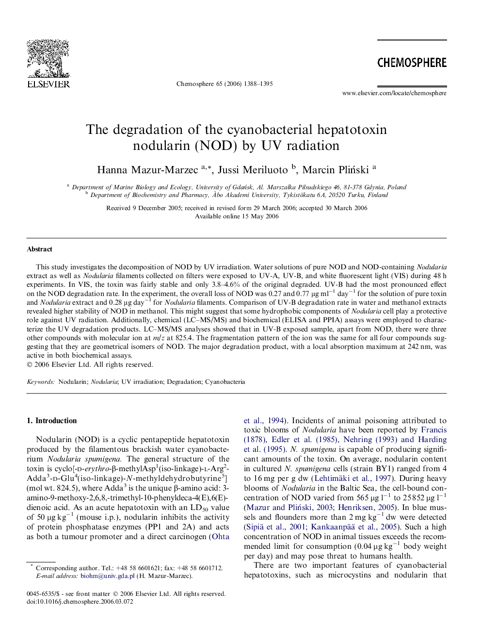 The degradation of the cyanobacterial hepatotoxin nodularin (NOD) by UV radiation