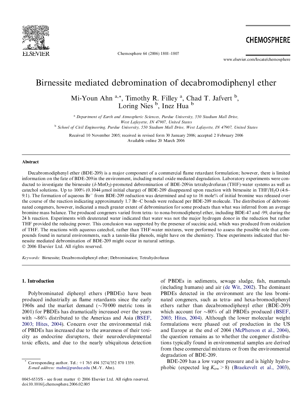 Birnessite mediated debromination of decabromodiphenyl ether