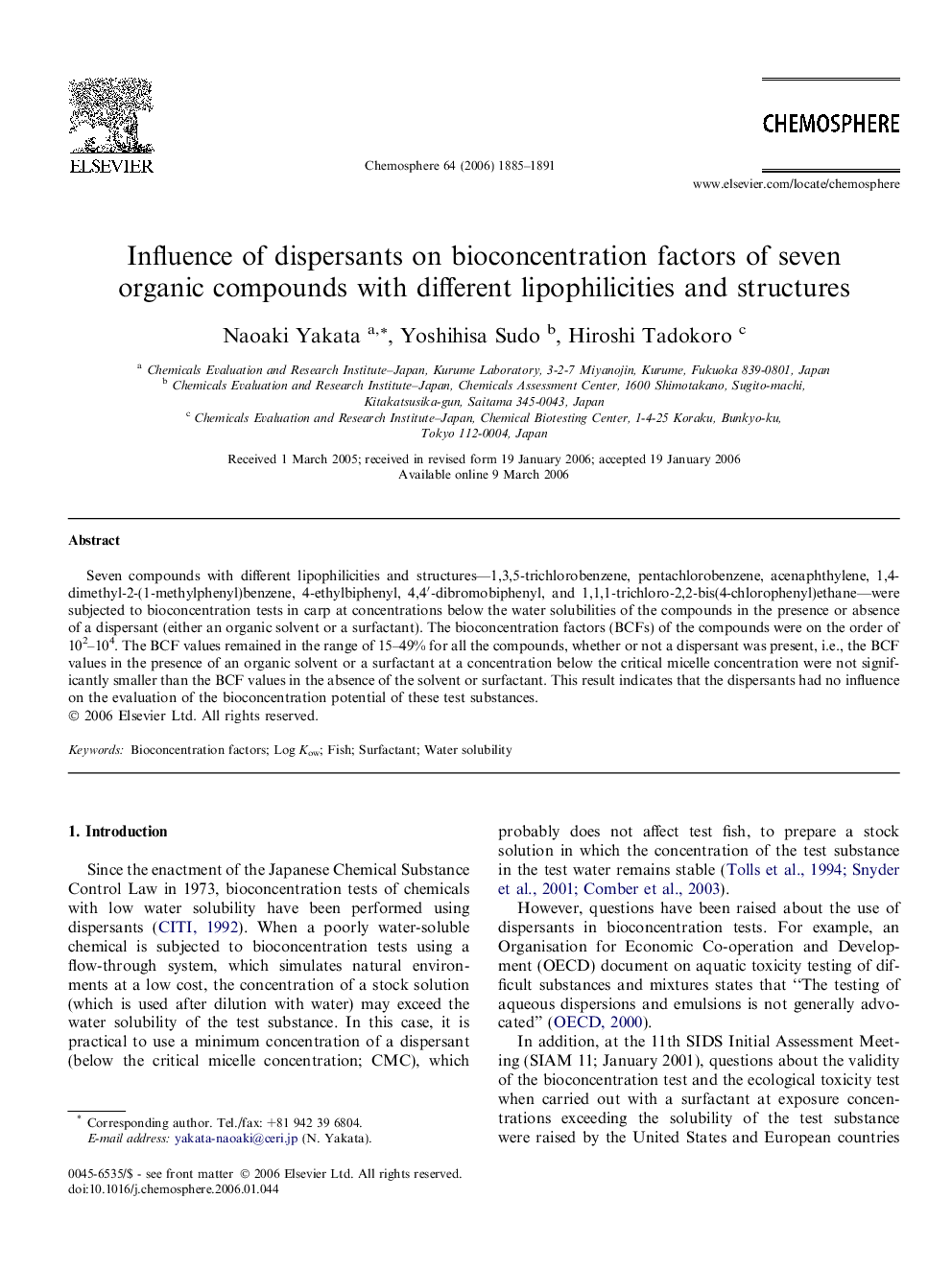 Influence of dispersants on bioconcentration factors of seven organic compounds with different lipophilicities and structures