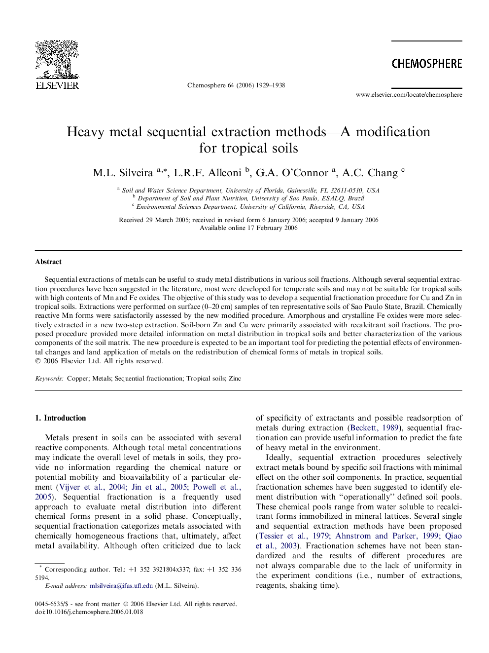 Heavy metal sequential extraction methods—A modification for tropical soils