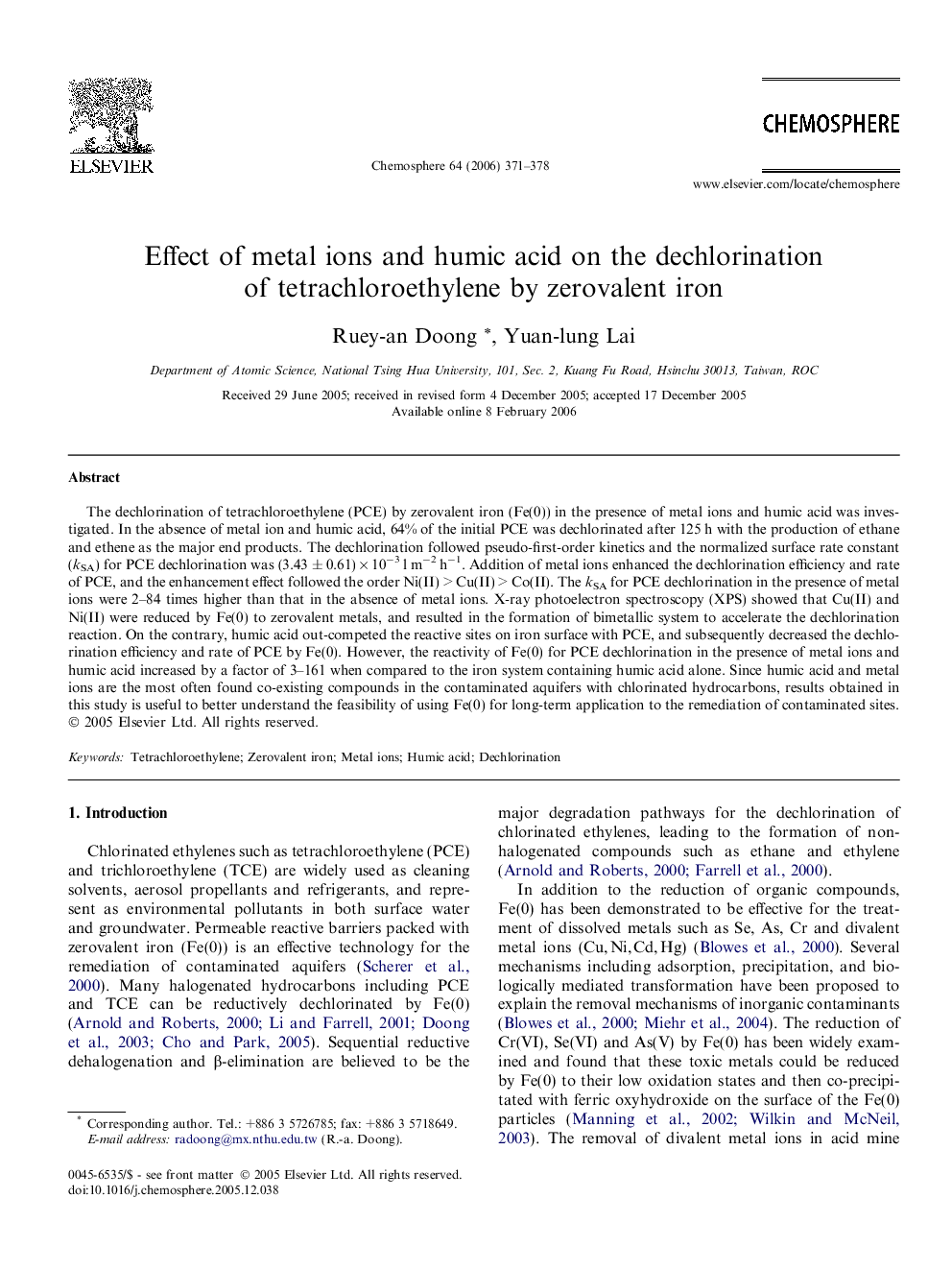 Effect of metal ions and humic acid on the dechlorination of tetrachloroethylene by zerovalent iron