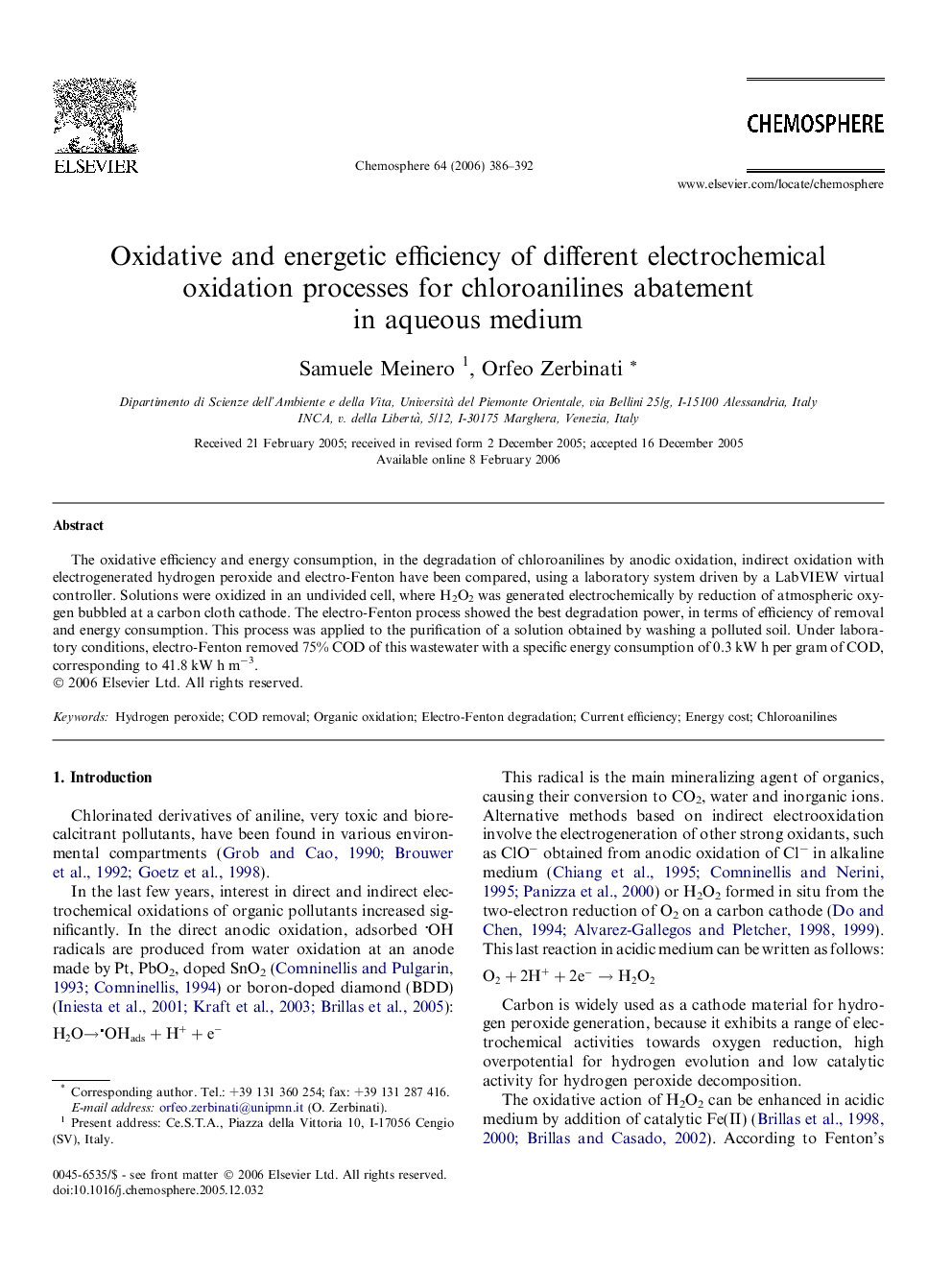 Oxidative and energetic efficiency of different electrochemical oxidation processes for chloroanilines abatement in aqueous medium