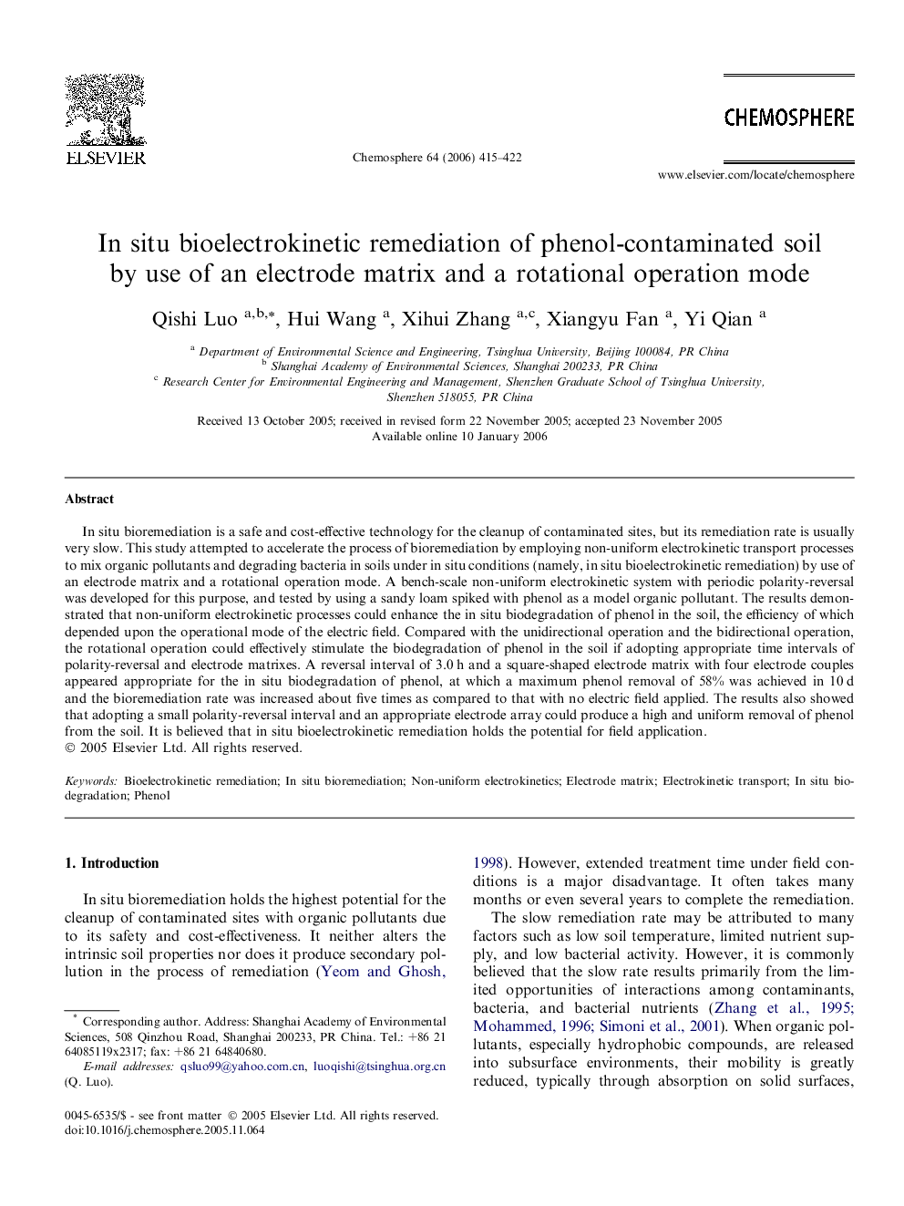 In situ bioelectrokinetic remediation of phenol-contaminated soil by use of an electrode matrix and a rotational operation mode