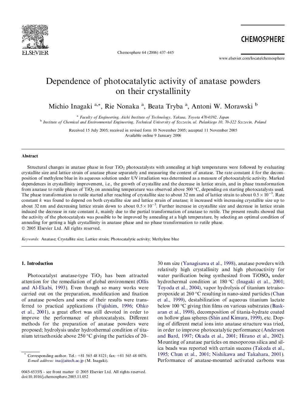 Dependence of photocatalytic activity of anatase powders on their crystallinity