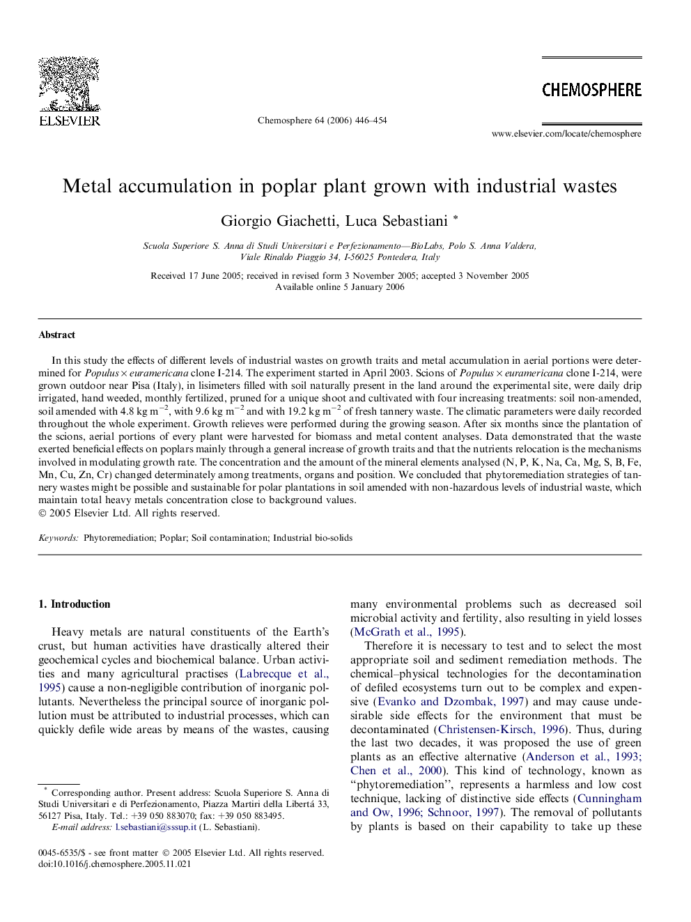 Metal accumulation in poplar plant grown with industrial wastes