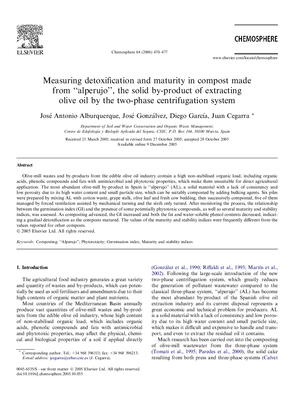 Measuring detoxification and maturity in compost made from “alperujo”, the solid by-product of extracting olive oil by the two-phase centrifugation system