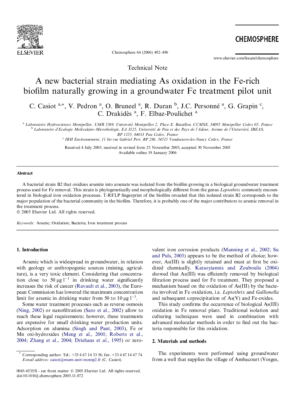 عکس صفحه اول مقاله: A new bacterial strain mediating As oxidation in the Fe-rich biofilm naturally growing in a groundwater Fe treatment pilot unit A new bacterial strain mediating As oxidation in the Fe-rich biofilm naturally growing in a groundwater Fe treatment pilot unit