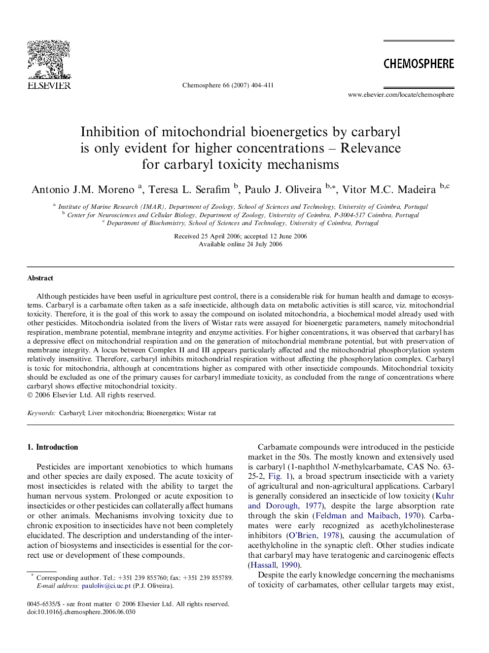 Inhibition of mitochondrial bioenergetics by carbaryl is only evident for higher concentrations – Relevance for carbaryl toxicity mechanisms