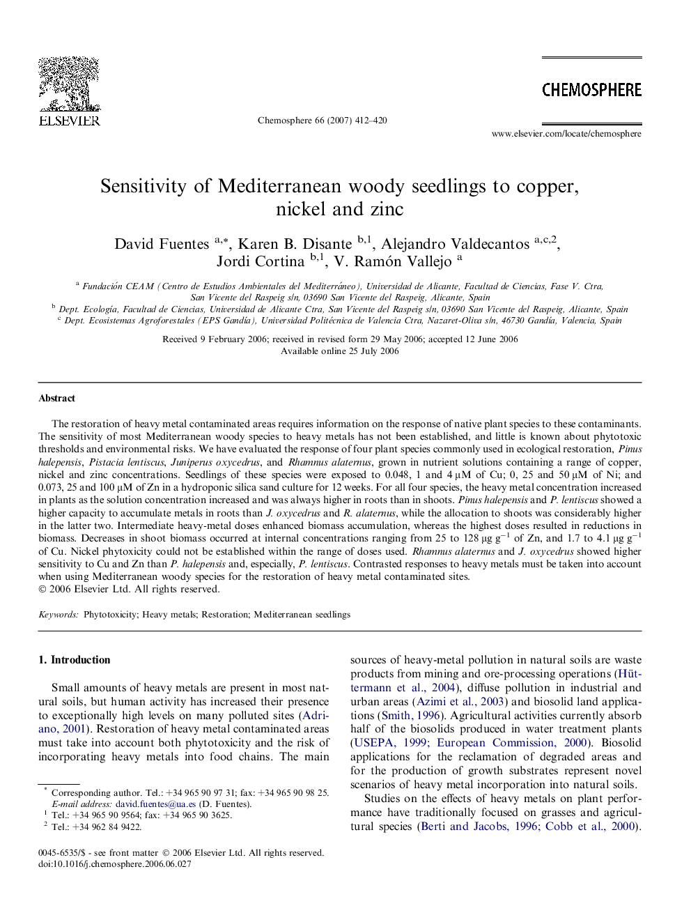 Sensitivity of Mediterranean woody seedlings to copper, nickel and zinc