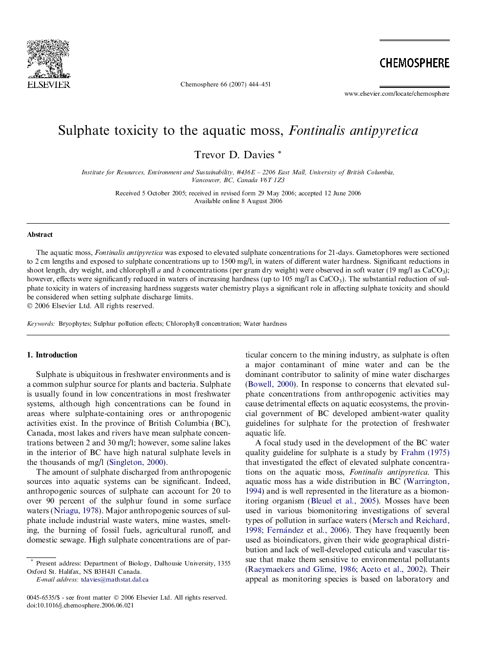 Sulphate toxicity to the aquatic moss, Fontinalis antipyretica