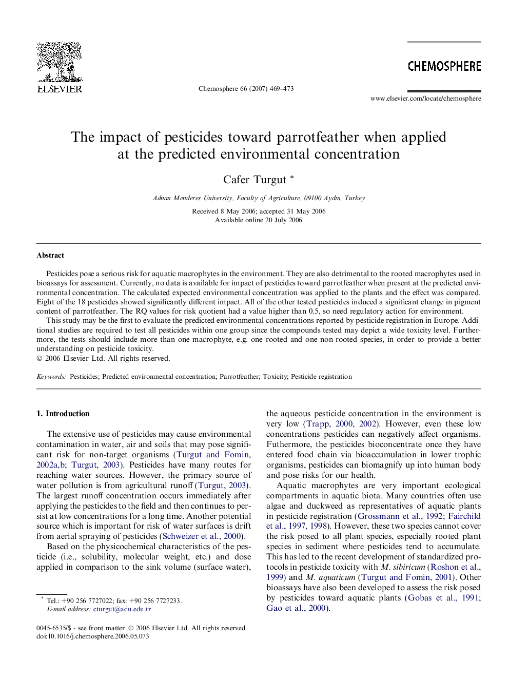 The impact of pesticides toward parrotfeather when applied at the predicted environmental concentration