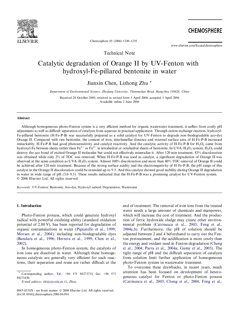 Catalytic degradation of Orange II by UV-Fenton with hydroxyl-Fe-pillared bentonite in water