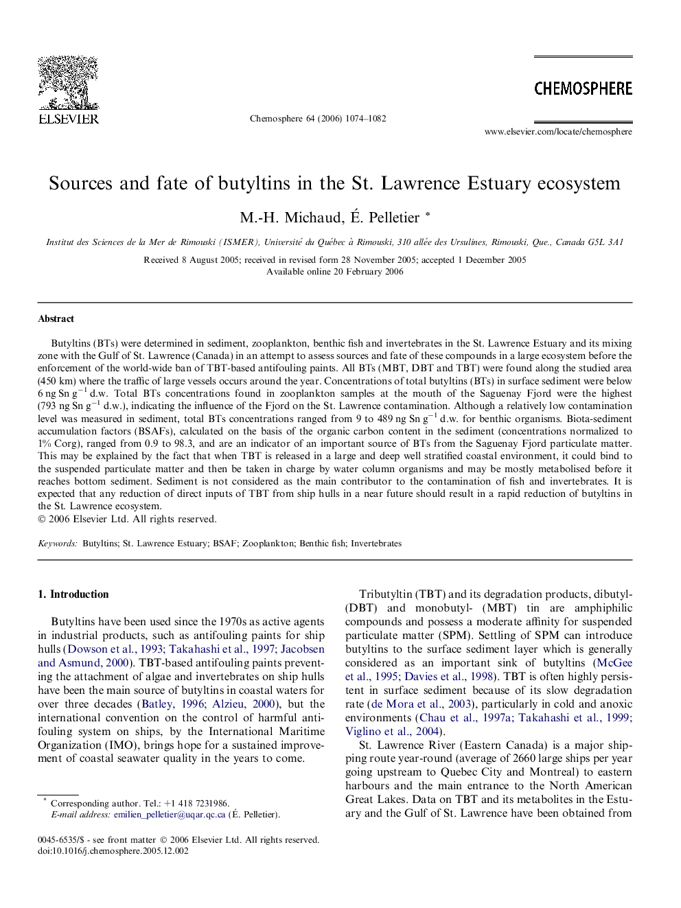 Sources and fate of butyltins in the St. Lawrence Estuary ecosystem