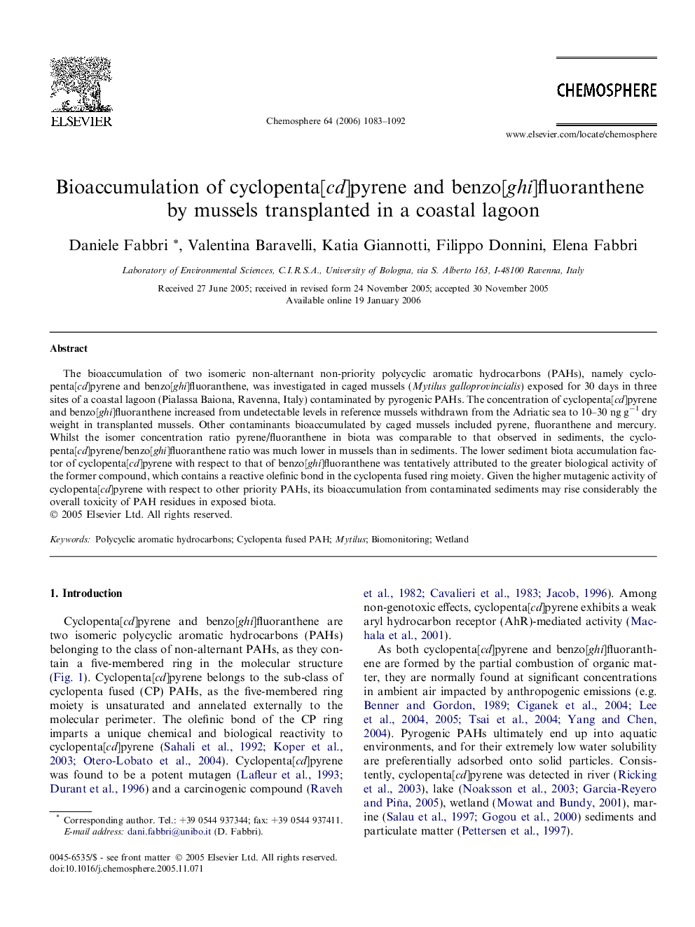 Bioaccumulation of cyclopenta[cd]pyrene and benzo[ghi]fluoranthene by mussels transplanted in a coastal lagoon