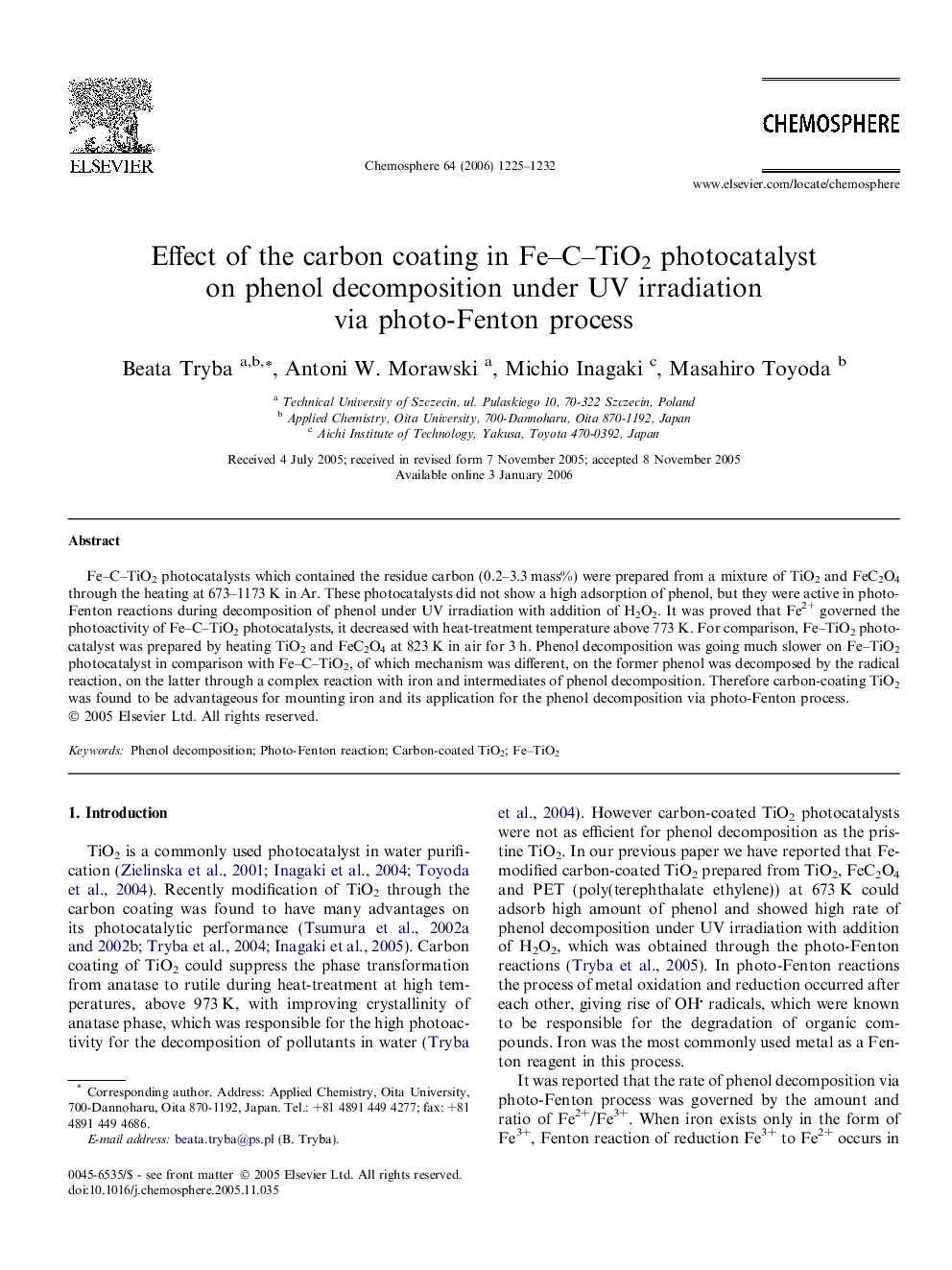 Effect of the carbon coating in Fe–C–TiO2 photocatalyst on phenol decomposition under UV irradiation via photo-Fenton process