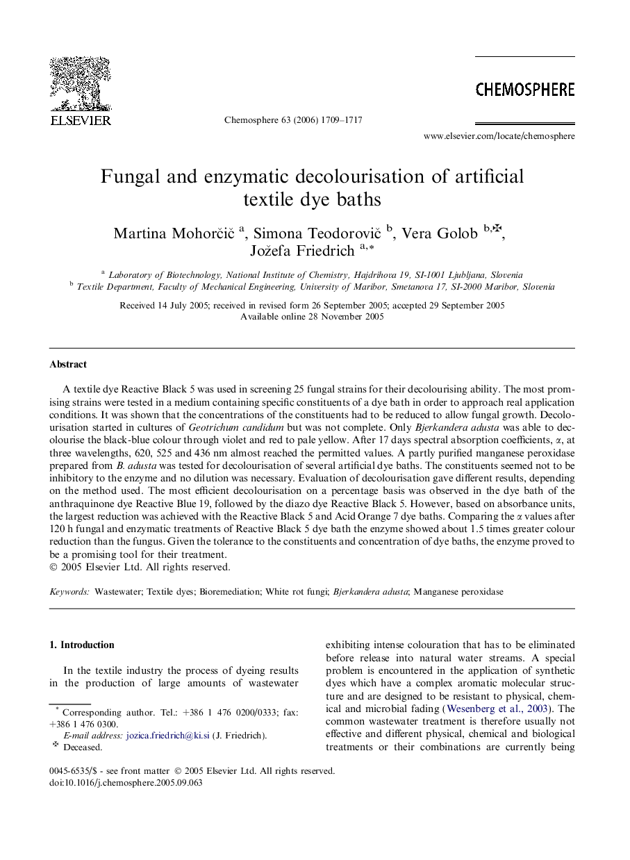 Fungal and enzymatic decolourisation of artificial textile dye baths