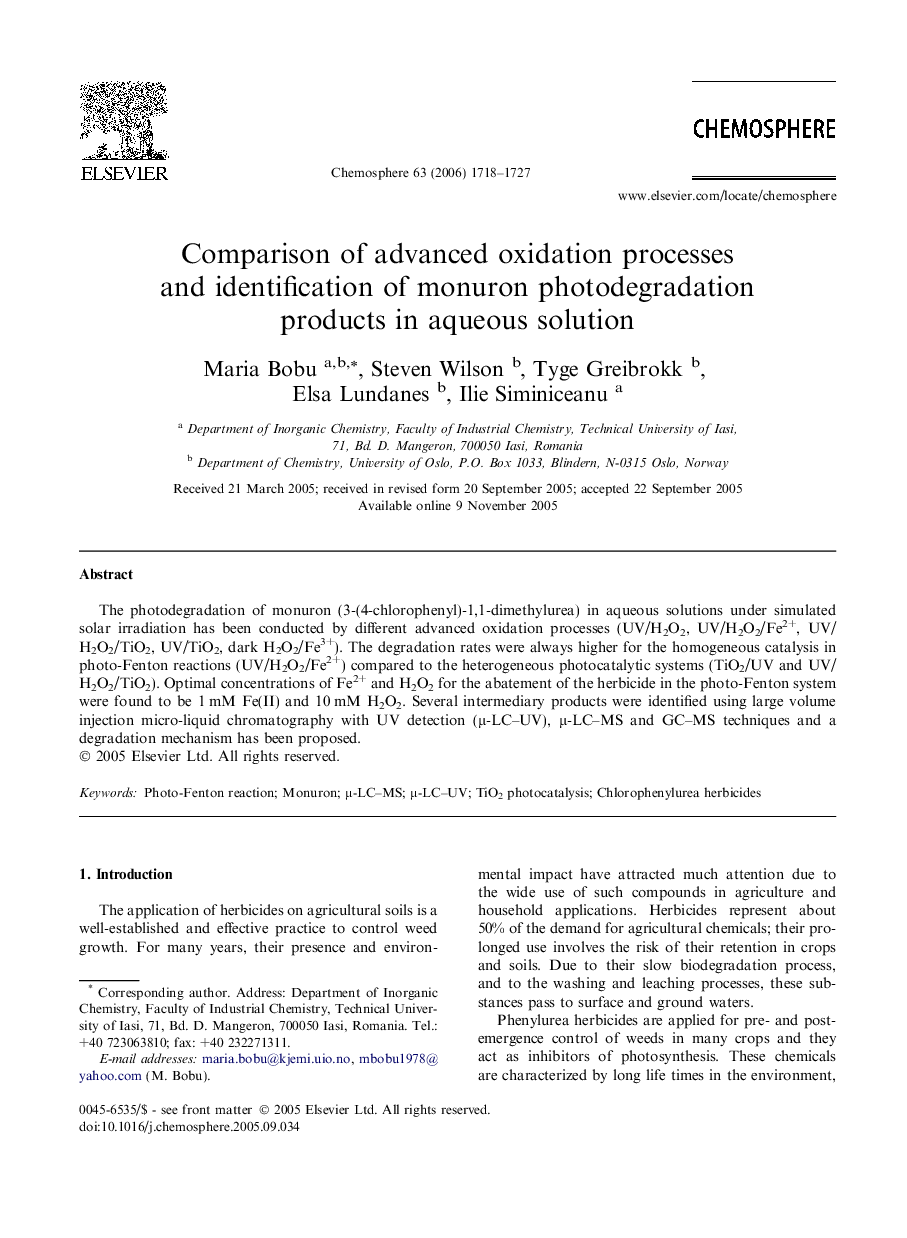 Comparison of advanced oxidation processes and identification of monuron photodegradation products in aqueous solution