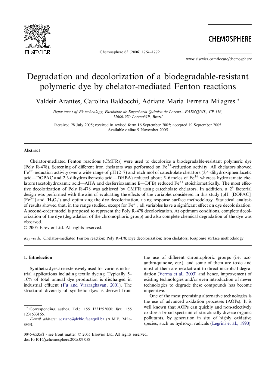 Degradation and decolorization of a biodegradable-resistant polymeric dye by chelator-mediated Fenton reactions