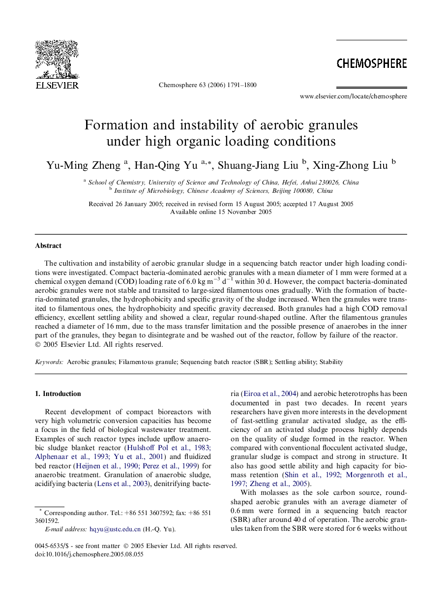 Formation and instability of aerobic granules under high organic loading conditions