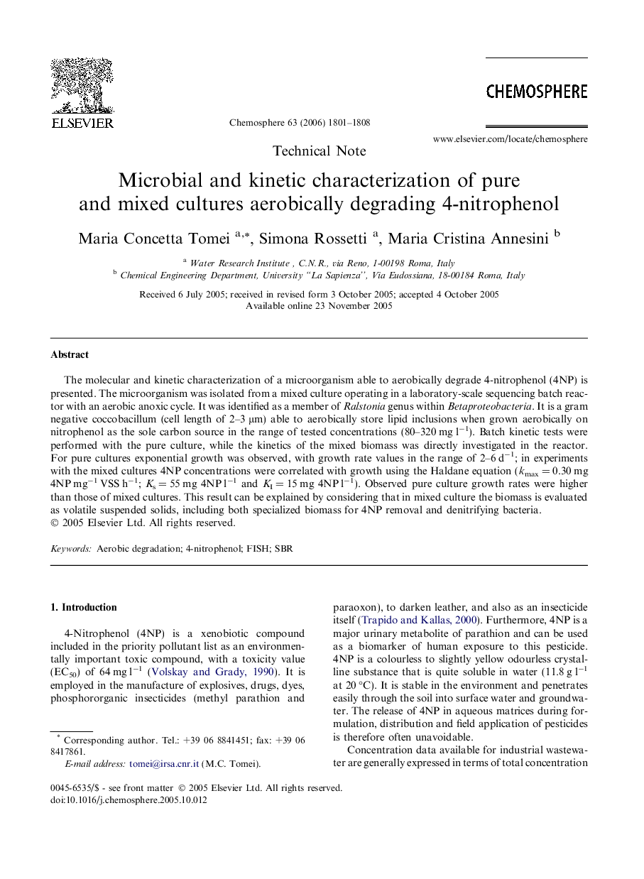 Microbial and kinetic characterization of pure and mixed cultures aerobically degrading 4-nitrophenol