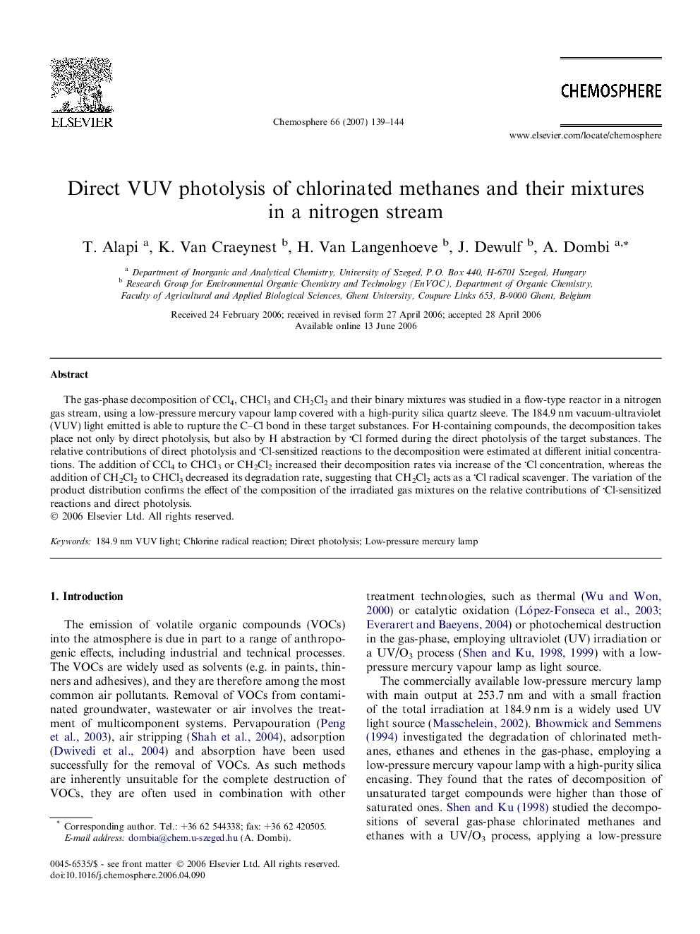 Direct VUV photolysis of chlorinated methanes and their mixtures in a nitrogen stream