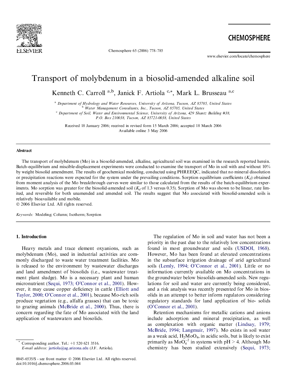 Transport of molybdenum in a biosolid-amended alkaline soil